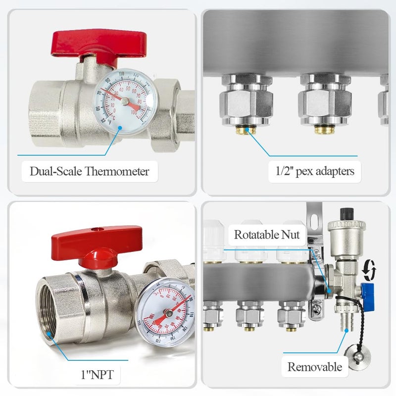AB 2 Loop PEX/Radiant Manifold, 1/2 Inch Compatible Outlets, Up to 1.4 GPM Flow Valve for Hydronic Radiant Floor Heating(1/2" Connectors Included) - Image 2